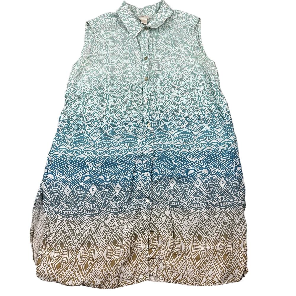 Chicos Linen Tunic Women 2 L Green Teal Ombre Tribal Sleeveless Button Down Good